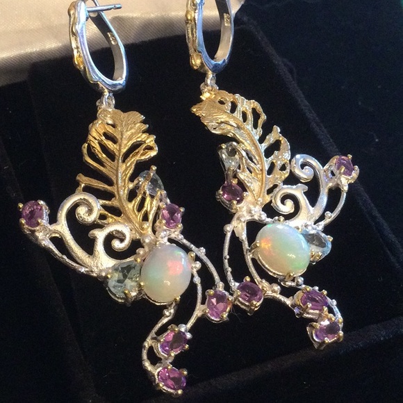 Exquisite One Of A Kind, Genuine Fiery Opal, Aquamarines & Amethysts Earrings - Picture 6 of 11